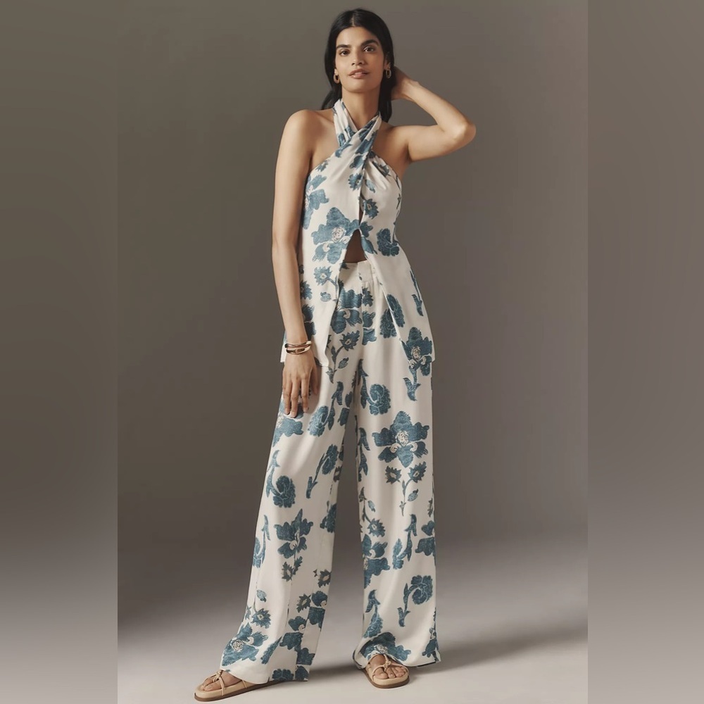 NWT! By Anthropologie Silky Trousers in Blue Cream Floral Design - Size Small 💐 - Picture 2 of 4